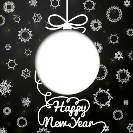 New year handwritten swirl lettering greeting card on black paper with snowflakes, and cut through paper in shape of christmas ball. With place for your text. Vector.のイラスト素材