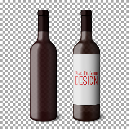 Two transparent blank black realistic bottles for red wine isolated on plaid background with place for your design and branding. Vector illustrationのイラスト素材