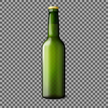 Green transparent realistic beer bottle isolated on plaid background with place for your design and branding. Vector illustrationのイラスト素材