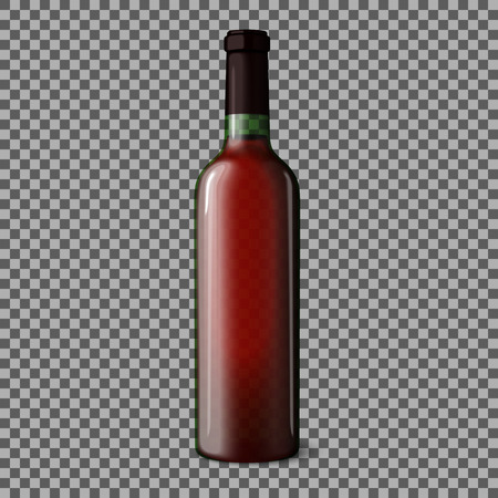 Transparent blank realistic bottle for red wine isolated on plaid background with place for your design and branding. Vector illustrationのイラスト素材