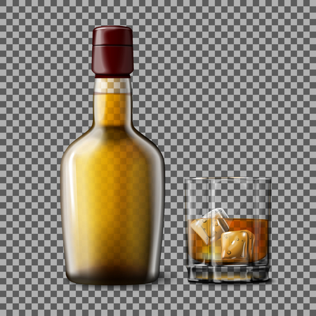 Transparent realistic Vector bottle and glass with smokey Scotch Whiskey and ice isolated. Glass and drink for every background.のイラスト素材