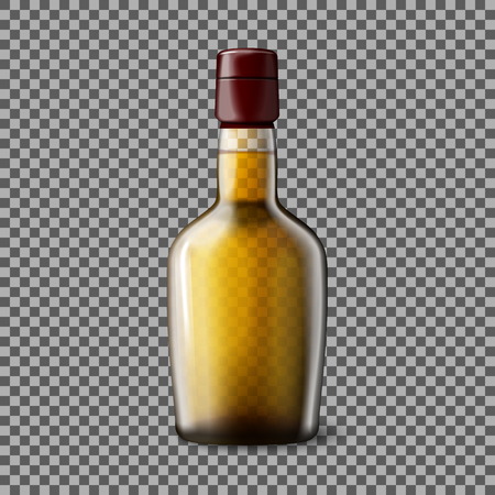 Transparent realistic Vector bottle with smokey Scotch Whiskey and ice isolated. Glass and drink for every background.のイラスト素材
