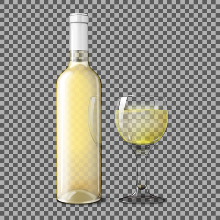 Transparent white realistic bottle for white wine with glass of wine isolated on plaid background with place for your design and branding. Vector illustrationのイラスト素材