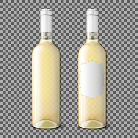 Two transparent realistic bottles for white wine isolated on plaid background with place for your design and branding. Vector illustrationのイラスト素材