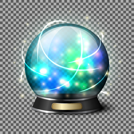 Transparent realistic bright glowing crystal ball for fortune tellers. Isolated on plaid background with reflection. Vector illustrationのイラスト素材