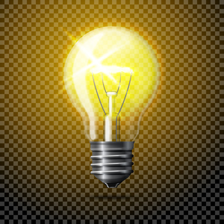Transparent  realistic glowing light bulb on plaid background.のイラスト素材
