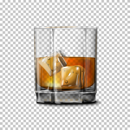 Transparent realistic Vector glass with smokey Scotch Whiskey and ice isolated. Glass and drink for every background.のイラスト素材