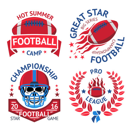 Set of american football labels with american football ball, burning ball, scull in helmet, laurel. Vector illustrationのイラスト素材