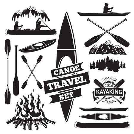 Set of canoe and kayak design elements. Two man in a canoe boat, man in a kayak, boats and oars, mountains, campfire, forest, label. Vector illustrationのイラスト素材