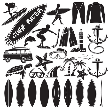 Vector set of surfing design elements - surfers, surf board, swim suit, palms, dolphin, turtle, anchor, different surf shapes, car with surfboards.のイラスト素材