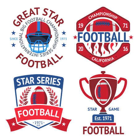 Set of american football rugby labels with american football ball, burning ball, helmet, winner bowl. illustrationのイラスト素材
