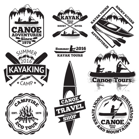 Set of canoe and kayak labels. Two man in a canoe boat, man in a kayak, boats and oars, mountains, campfire, forest, canoe tours, kayaking, canoe travel shop. illustrationのイラスト素材