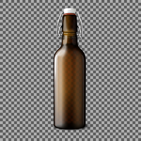 Blank transparent brown realistic beer bottle isolated on plaid background with place for your design and branding. illustrationのイラスト素材