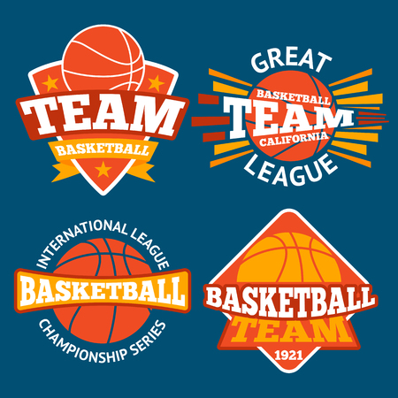 Set of basketball labels with balls and ribbons. illustrationのイラスト素材