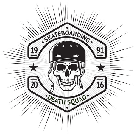 Skateboarding vintage label with skull in helmet, in shape of a screw-nut, with sign - Skateboarding Death Squad.のイラスト素材
