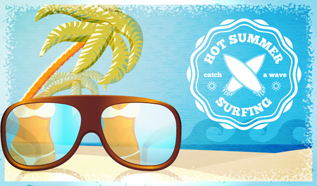 Surfing poster - ocean, glasses and palms with badge - hot summer surfing. illustrationのイラスト素材