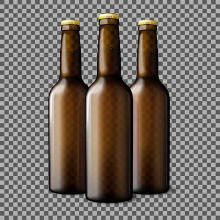 Three transparent brown realistic beer bottles isolated on plaid background with place for your design and branding. illustrationのイラスト素材