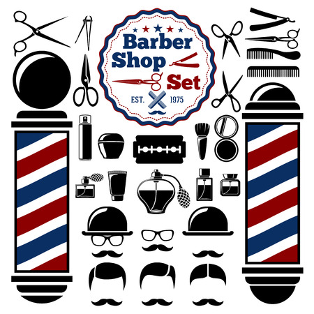 Barber Shop accessories set. With silhouettes of barber instruments, barber pole, hairstyles. Vintage style.のイラスト素材