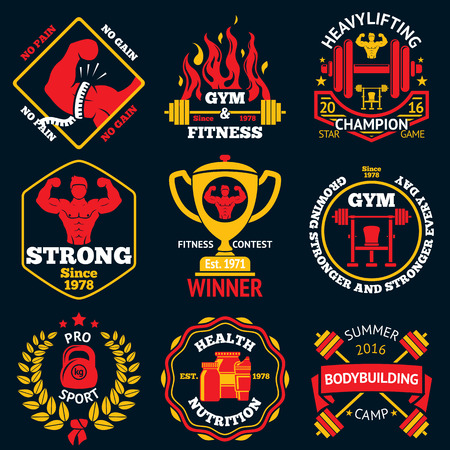 Bodybuilding bright labels set - strong man,barbell, dumbbell, laurel, goblet etcのイラスト素材