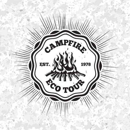 Campfire eco tour label with flaming fire on grunge background.のイラスト素材
