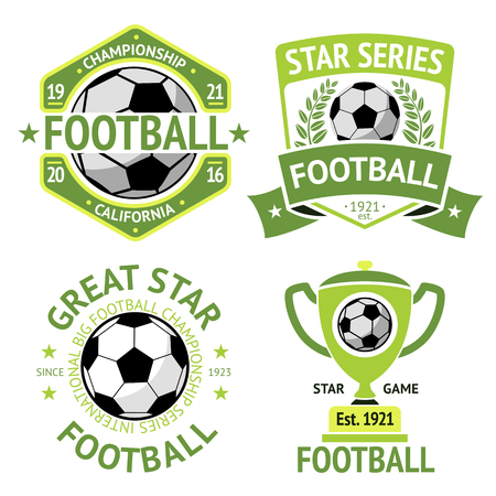 Set of green vintage Football labels. With laurel wreath, goblet, ball, shield and ribbons.のイラスト素材