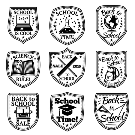 Set of Back to school labels. With bus, backpack, book, laptop, rulers etcのイラスト素材