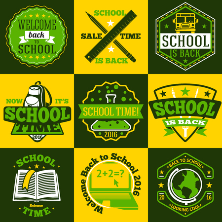 School labels set. With schoolbus, book, backpack, pencils ruler globe etcのイラスト素材