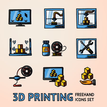 Set of handdrawn 3D Printing icons with - printers, pc with 3d app, scanner, printing process,...