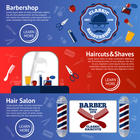 Vector set of Barber banners with grooming accessories - comb, razor, scissor, grease, poles etc.のイラスト素材