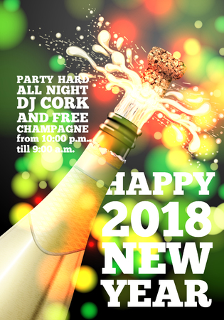 Vector New Year Banner with champagne bottle on bright background with blurred xmas tree.のイラスト素材