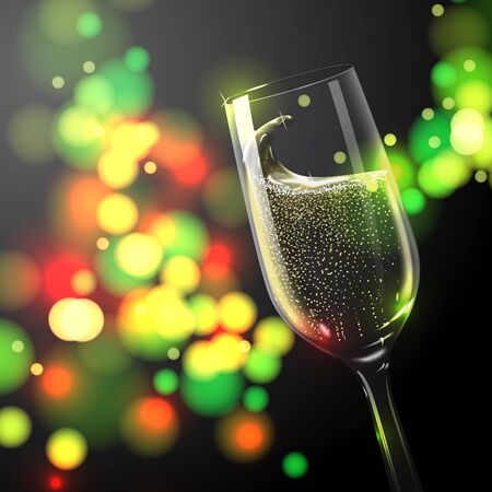Vector New Year Banner template with place for your text. Transparent champagne glass on bright background with blurred xmas tree.のイラスト素材