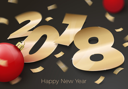 A Vector 3d realistic gold foil paper number 2018 laying on black surface, with red balls, confetti, shadows, perspective and blur.のイラスト素材