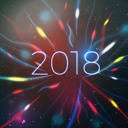 Vector 2018 New Year illustration on bright bokeh background with blurred lights.のイラスト素材