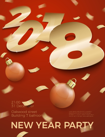 Vector 3d realistic New Year Party invitation with gold foil paper number 2018 laying on red surface, with confetti, shadows, perspective and blur.のイラスト素材