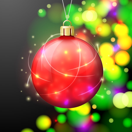 Vector Christmas Banner template with bright ball on background with blurred xmas tree.のイラスト素材