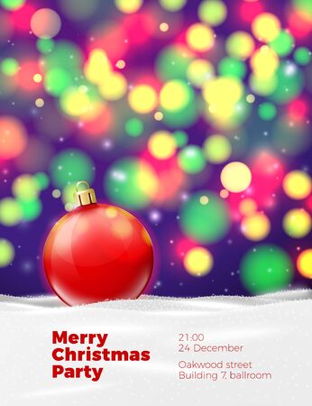 A Vector Christmas poster template with red ball on background with blurred xmas lights.のイラスト素材