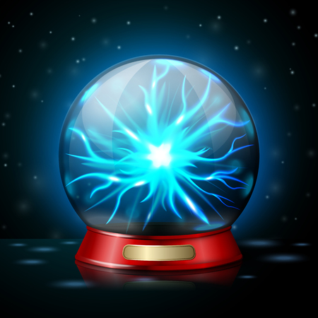 Plasma ball lamp with glowing electricity on dark background. Vectorのイラスト素材