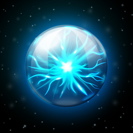 Plasma ball lamp with glowing electricity on dark background. Vectorのイラスト素材