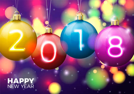 Vector New Year Banner template with bright balls and numbers 2018 on black background with blurred Xmas lights.のイラスト素材