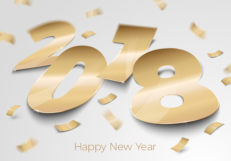 Vector realistic gold foil paper number 2018 laying on the surface with confetti, shadows, perspective and blur.のイラスト素材