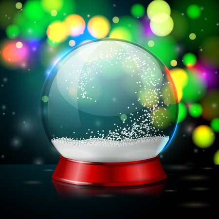 Vector realistic Christmas snow globe, transparent with snowflakes inside. On plaid background.のイラスト素材