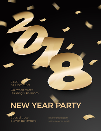 Vector 3d realistic New Year Party invitation with gold foil paper number 2018 laying on black surface, with confetti, shadows, perspective and blur.のイラスト素材