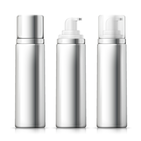 Vector set - 3d realistic silver foam bottles with silver and plastic caps. Mock-up for product package branding.のイラスト素材