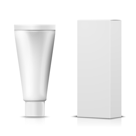 Vector 3d realistic paste tube with paper box on white background with reflection. Mock-up for product package branding.のイラスト素材