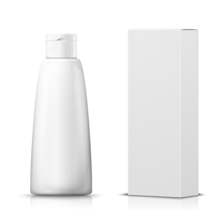 Vector 3d realistic shampoo bottle with paper box on white background with reflection. Mock-up for product package branding.のイラスト素材