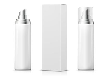 Vector 3d realistic spray bottles with paper box on white background with reflection. Mock-up for product package branding.のイラスト素材