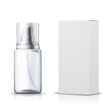 Vector 3d realistic spray bottle with paper box on white background with reflection. Mock-up for product package branding.のイラスト素材