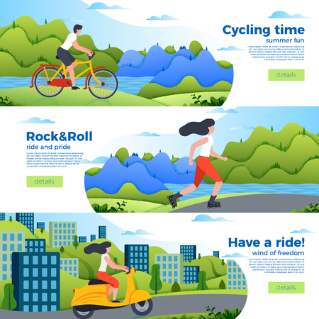 Vector set of bright banner templates with bike, roller and motorbike. City, forest, river and mountains on soft background. With place for your text.のイラスト素材