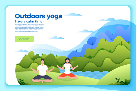 Vector illustration - man and woman in yoga lotus pose. Park, forest, trees and hills on background. Banner, poster template with place for your text.のイラスト素材