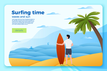 Vector bright banner template with surfer on an ocean beach, on bright summer background. With place for your text.のイラスト素材